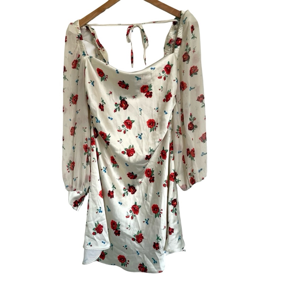 WeWoreWhat Dress 6 White Red Long Sleeve Roses Floral Puff Sleeve Cowl - Picture 4 of 14